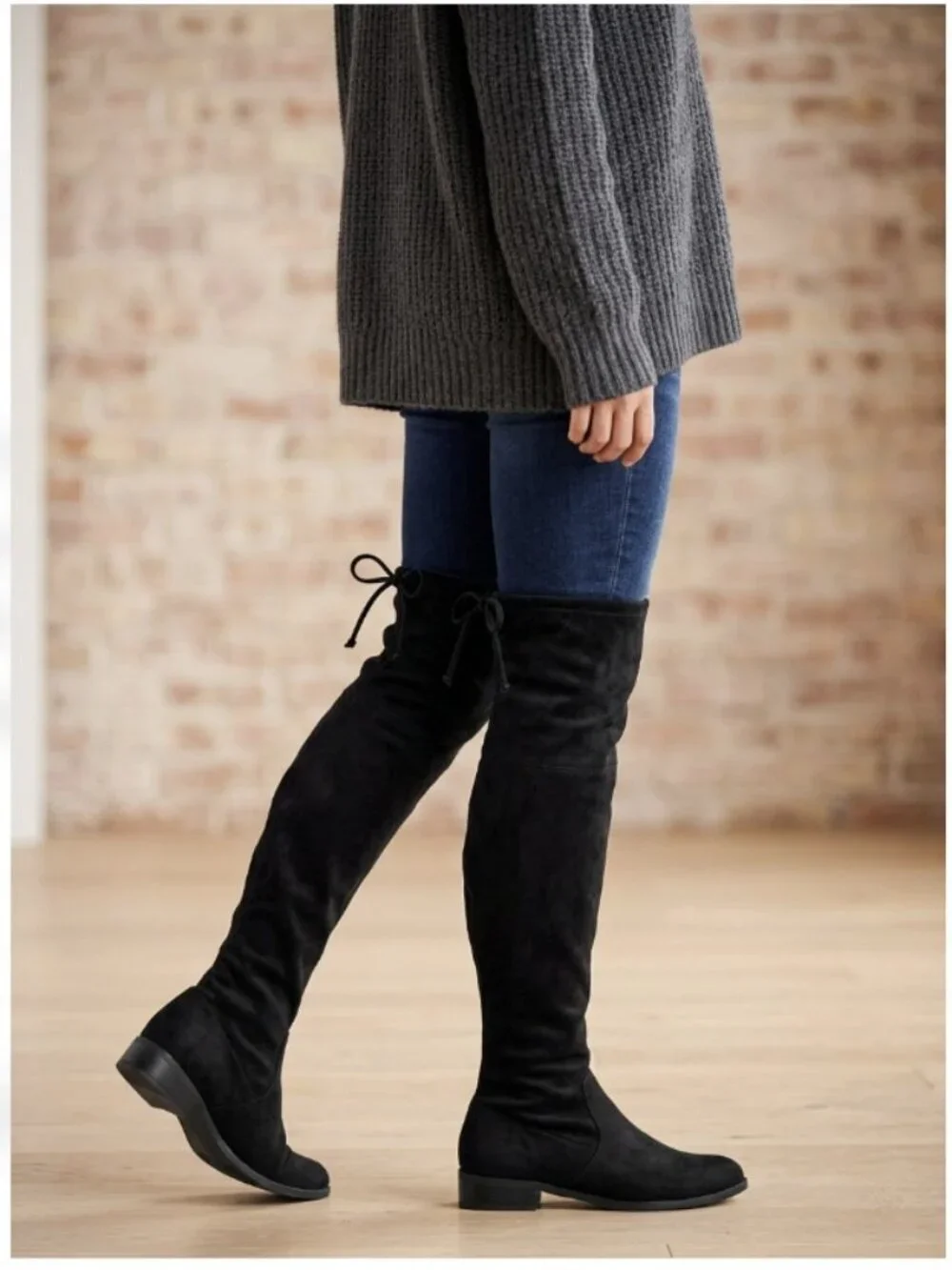 Black Faux Suede Over The Knee Boots Flat Block Heel Tie Back Women's 7.5